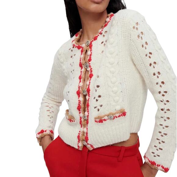 Maje Cream Knit Long Sleeve Button Front Monloup Coquette Cropped Cardigan 2 M - Picture 1 of 11